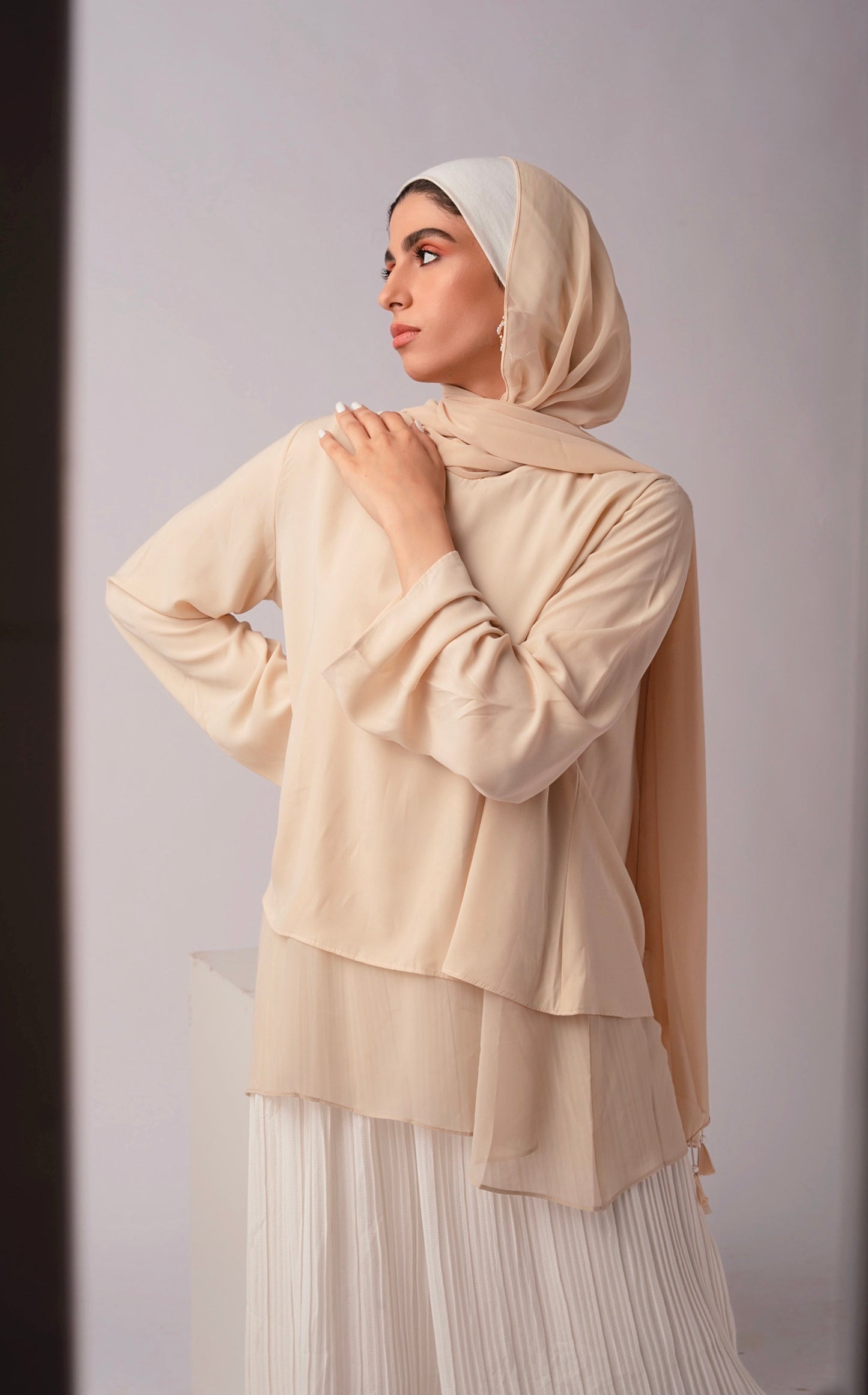 The Lace Garment Layer Up Blouse. Versatile and Chic; Comes in 7 colors || Beige